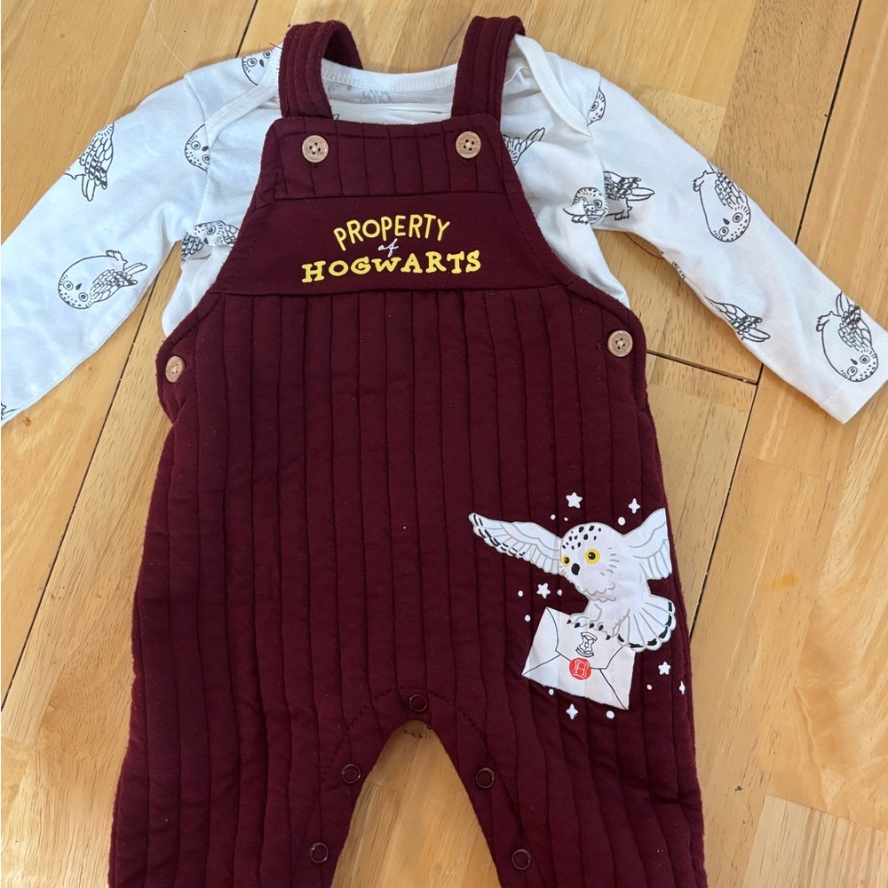 Burgundy Hogwarts Baby Overalls with Owl Design